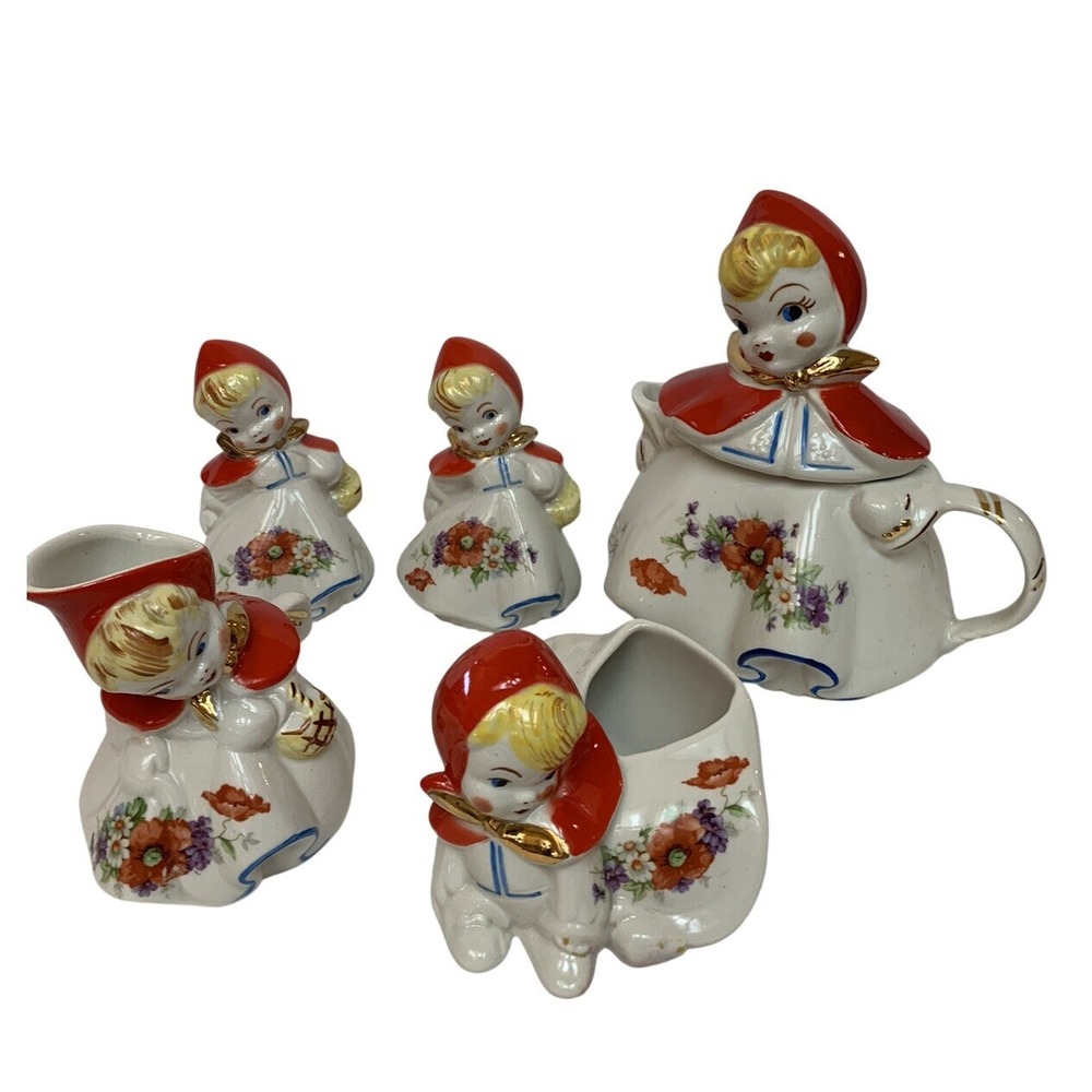 Hull Pottery Little Red Riding Hood Set White Red Vintage Teapot Shakers Creamer